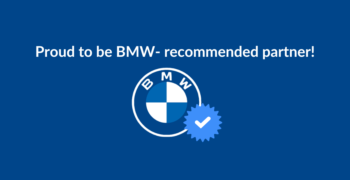 A blue promotional graphic with white text that reads 'Proud to be BMW- recommended partner!' and features the BMW logo with a blue checkmark badge.
