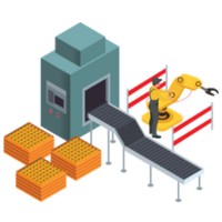 A machine with a conveyor belt and a man working on a robotic arm machine