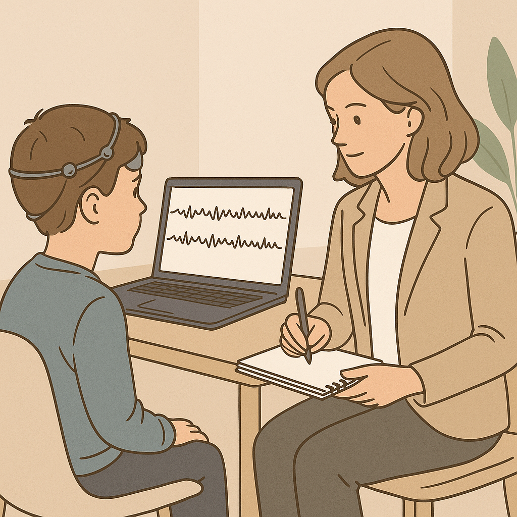 Un garçon et son thérapeute discutent lors d'une consultation, avec un ordinateur portable affichant des ondes cérébrales.