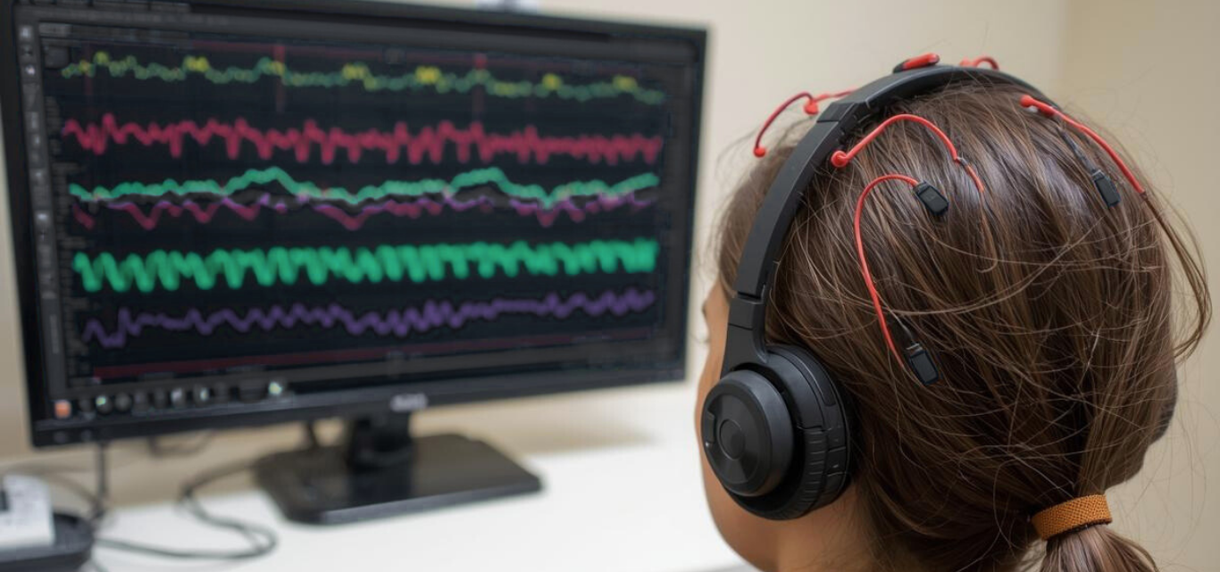 Une personne porte un casque avec des électrodes et regarde un moniteur affichant des tracés EEG colorés.