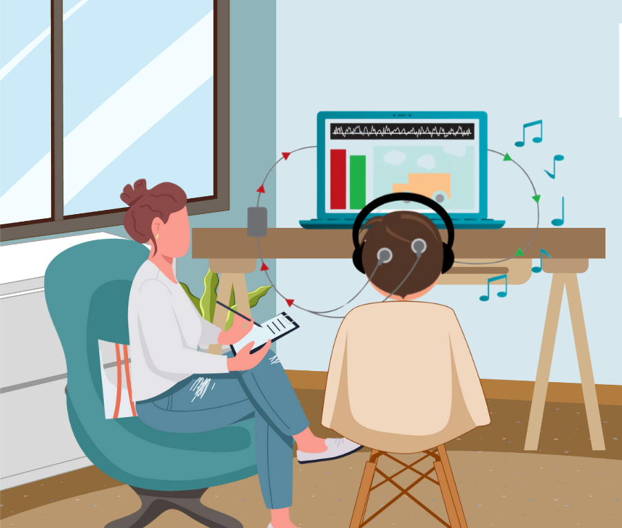 Une neurothérapeute et un garçon écoutant de la musique avec un casque audio, assis dans une pièce avec un ordinateur portable et un carnet.