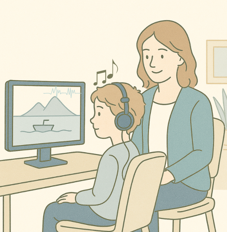 Un enfant regarde un écran d'ordinateur avec des écouteurs, une thérapeute l'observe avec sourire dans une pièce calme.