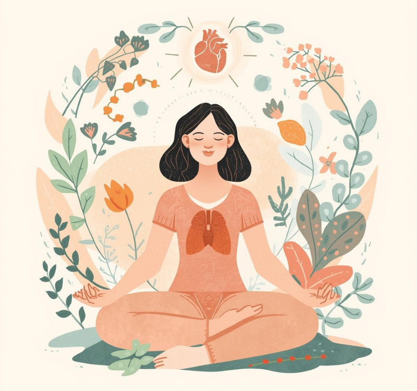 Une femme méditant en position lotus entourée de plantes et fleurs, avec un cœur et un symbole des poumons au centre, symbolisant la santé et le bien-être.