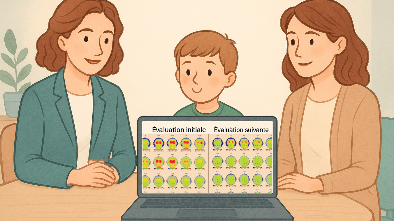 Une thérapeute, une mère et un enfant regardent un ordinateur affichant des cartes cérébrales colorées avec des évaluations initiales et suivantes de type EEGq ou cartographie cérébrale