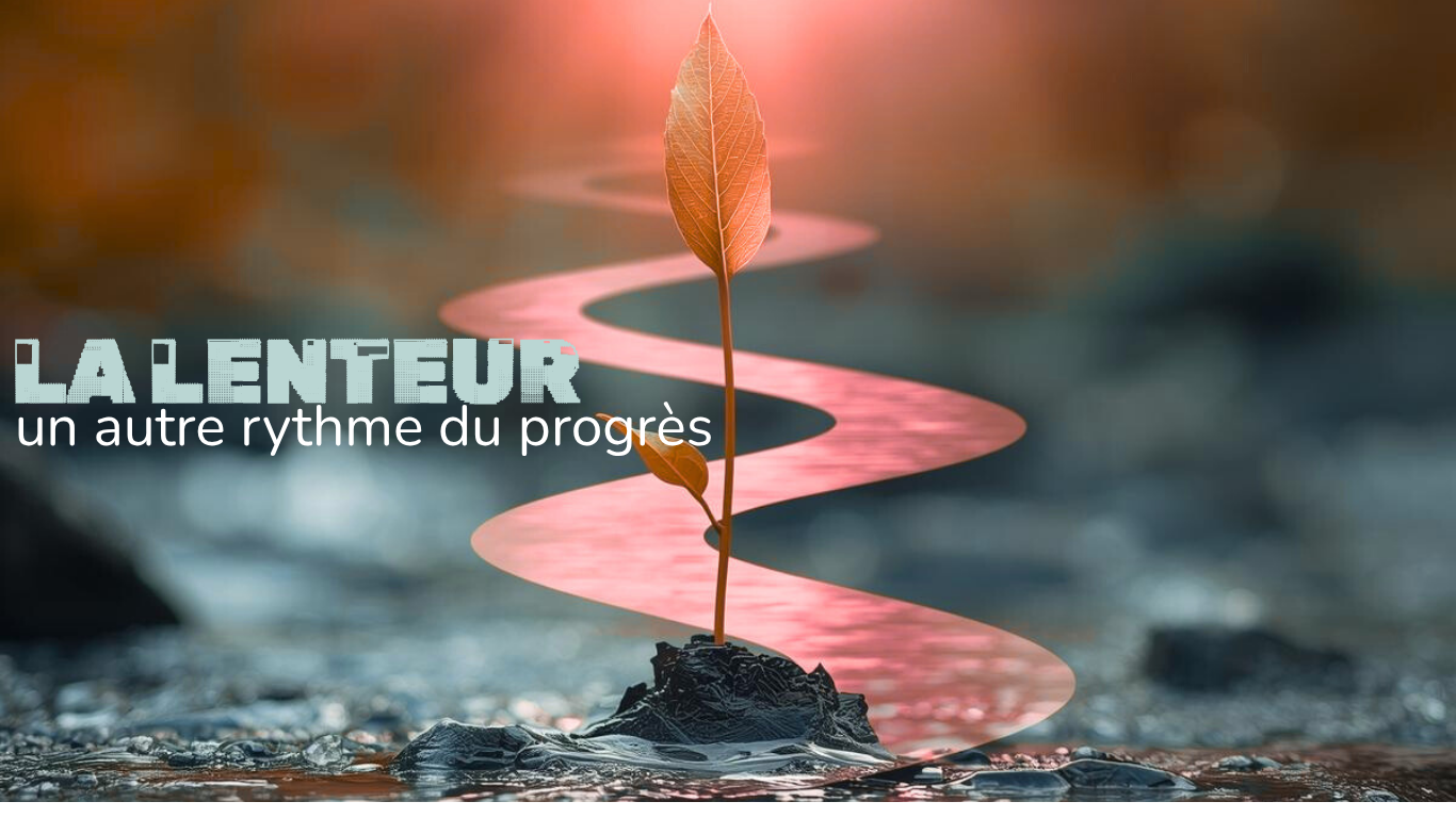 Une petite feuille orange poussant d'une roche au bord de l'eau, avec une trajectoire en spirale rose derrière elle, symbolisant la lenteur, avec un fond flou aux tons chauds, et le texte 'LA LENTEUR un autre rythme du progrès'.