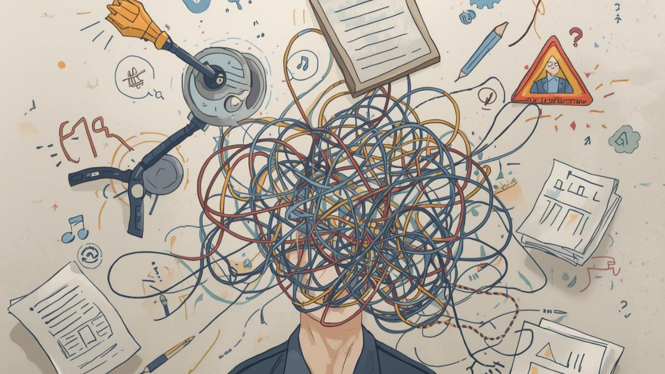 Une personne dont la tête est entourée d'un enchevêtrement de fils, avec divers objets autour tels qu'une montre, des papiers, un carnet, un stylo, et une ampoule, symbolisant la confusion ou le stress mental.