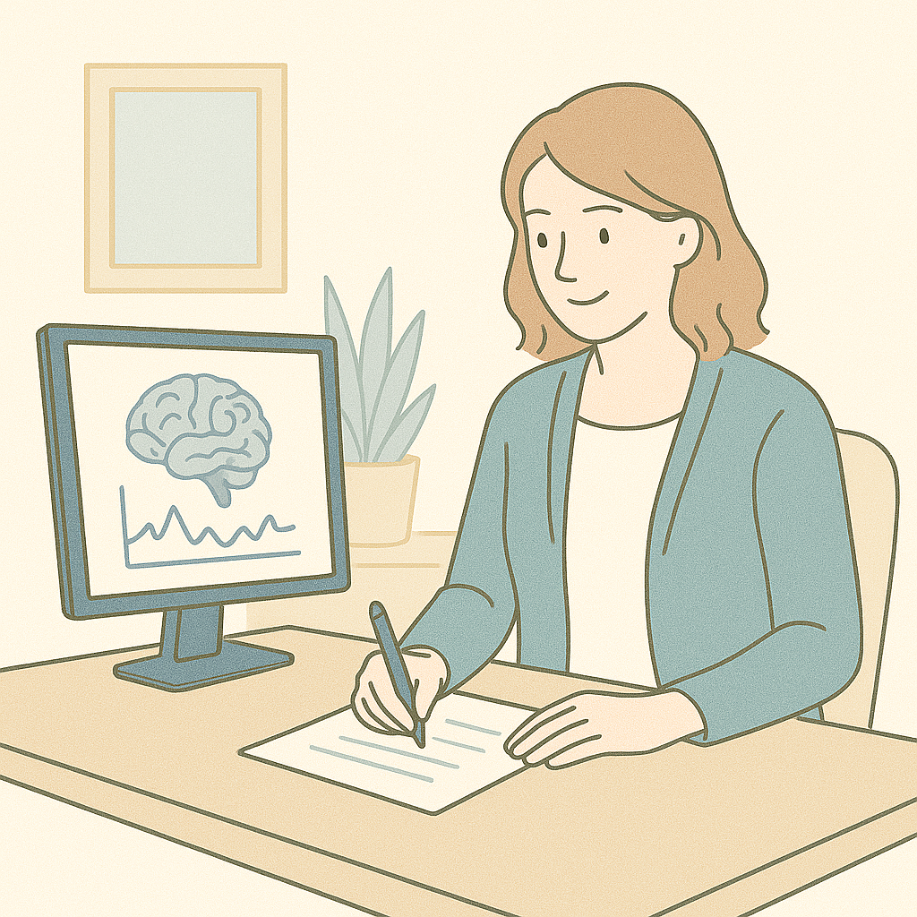 Une thérapeute assise à un bureau, écrivant sur une feuille, avec un dessin d'un cerveau sur l'écran d'ordinateur à côté, dans une pièce avec un tableau vide au mur et une plante en arrière-plan.