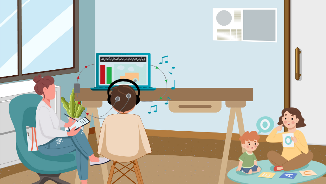 Une séance de neurothérapie avec un professionnel  un enfant portant un casque écoute la musique, et une orthophoniste avec un enfants jouant avec des lettres