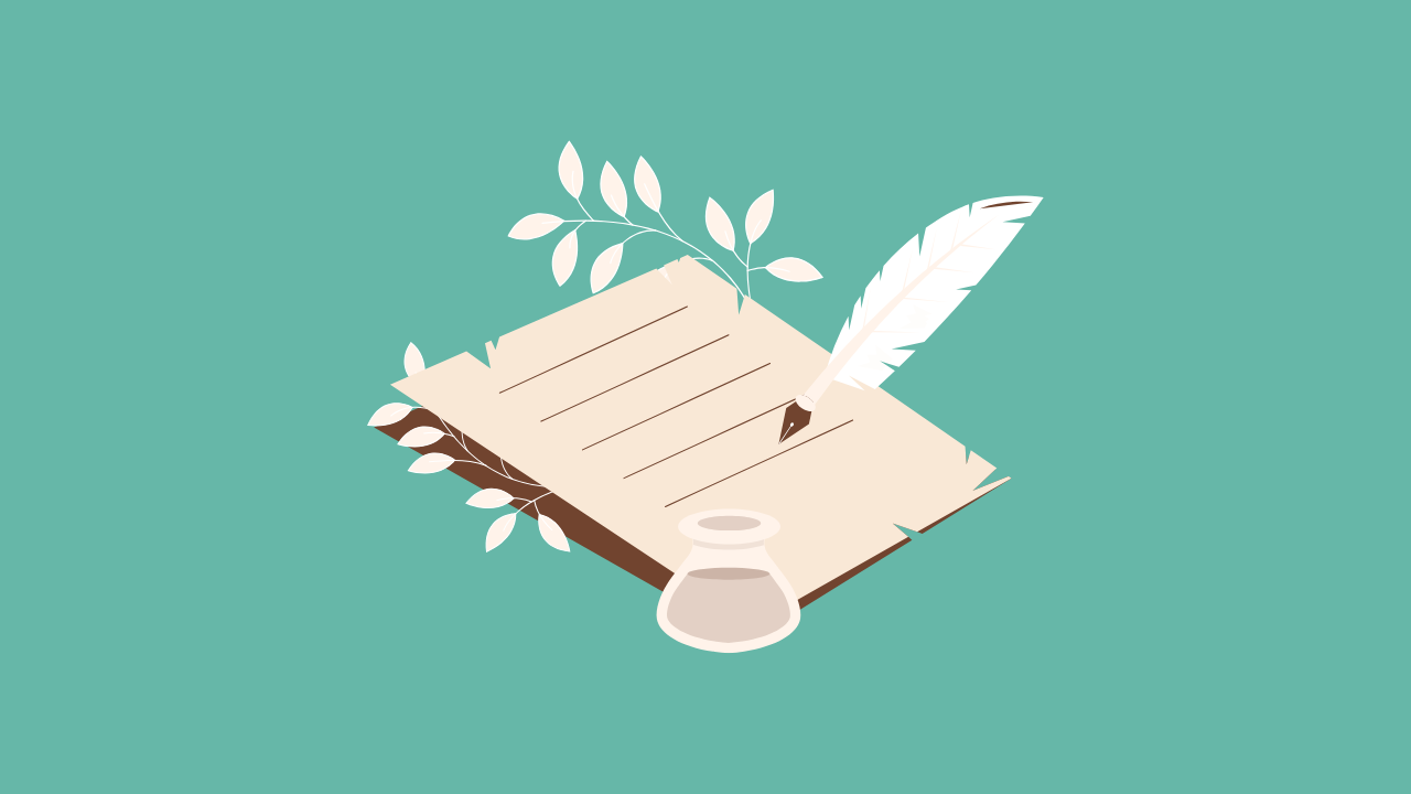 Une plume, un encrier, une feuille de papier et des branches avec des feuilles, sur un fond vert.