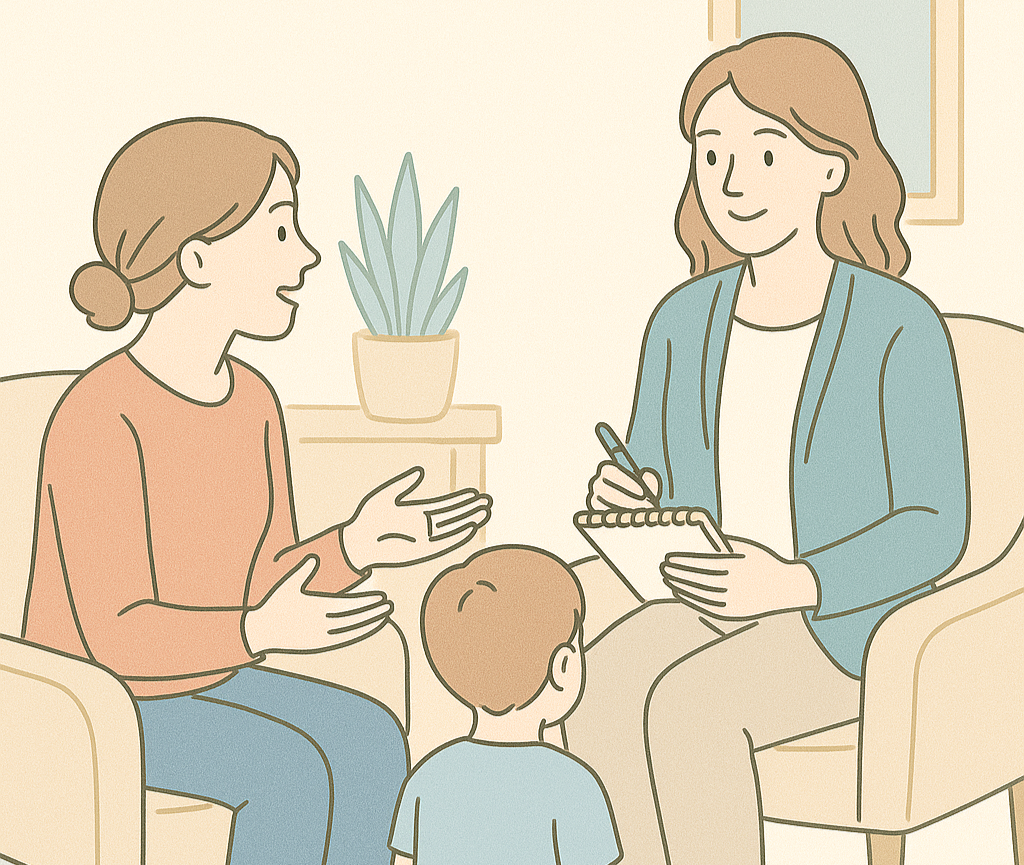 Une thérapeute parle à une maman lors d'une séance de thérapie, avec un enfant en face d'eux.