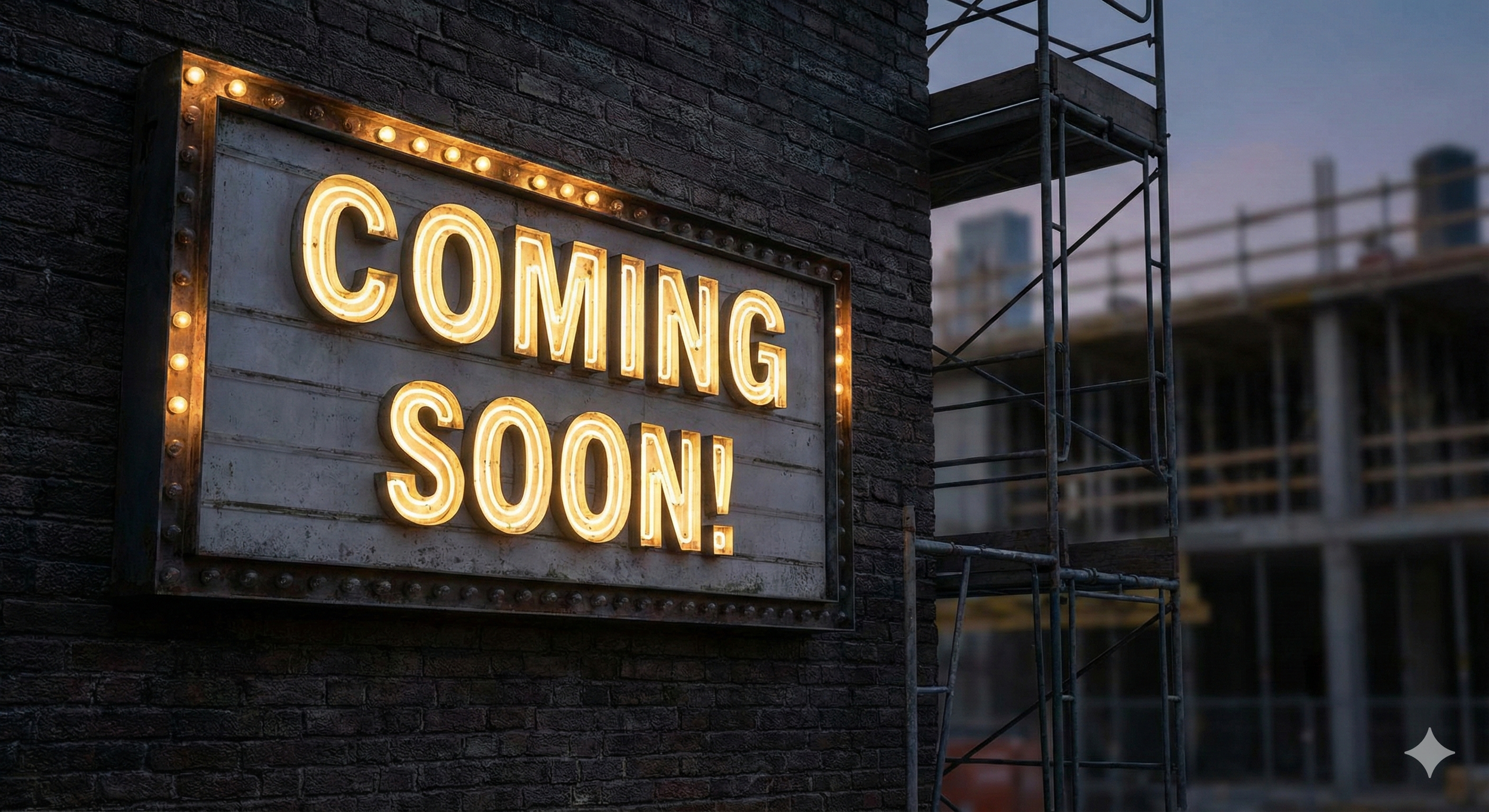 A vintage-style sign with illuminated lights around the border on a brick wall, reading 'COMING SOON!' in glowing yellow letters, with a construction site in the background.
