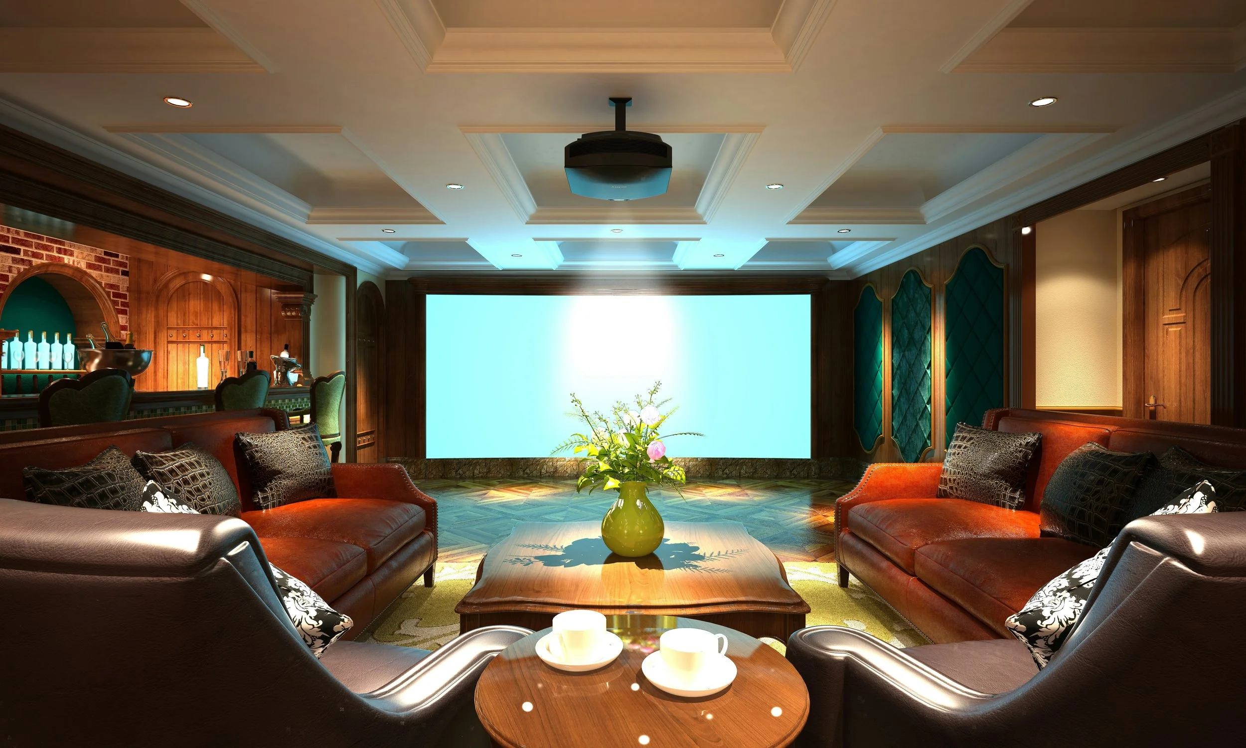 Luxury home theater room with leather sofas, a coffee table with a flower vase, a large projection screen, a ceiling projector, and a mini bar area on the left.