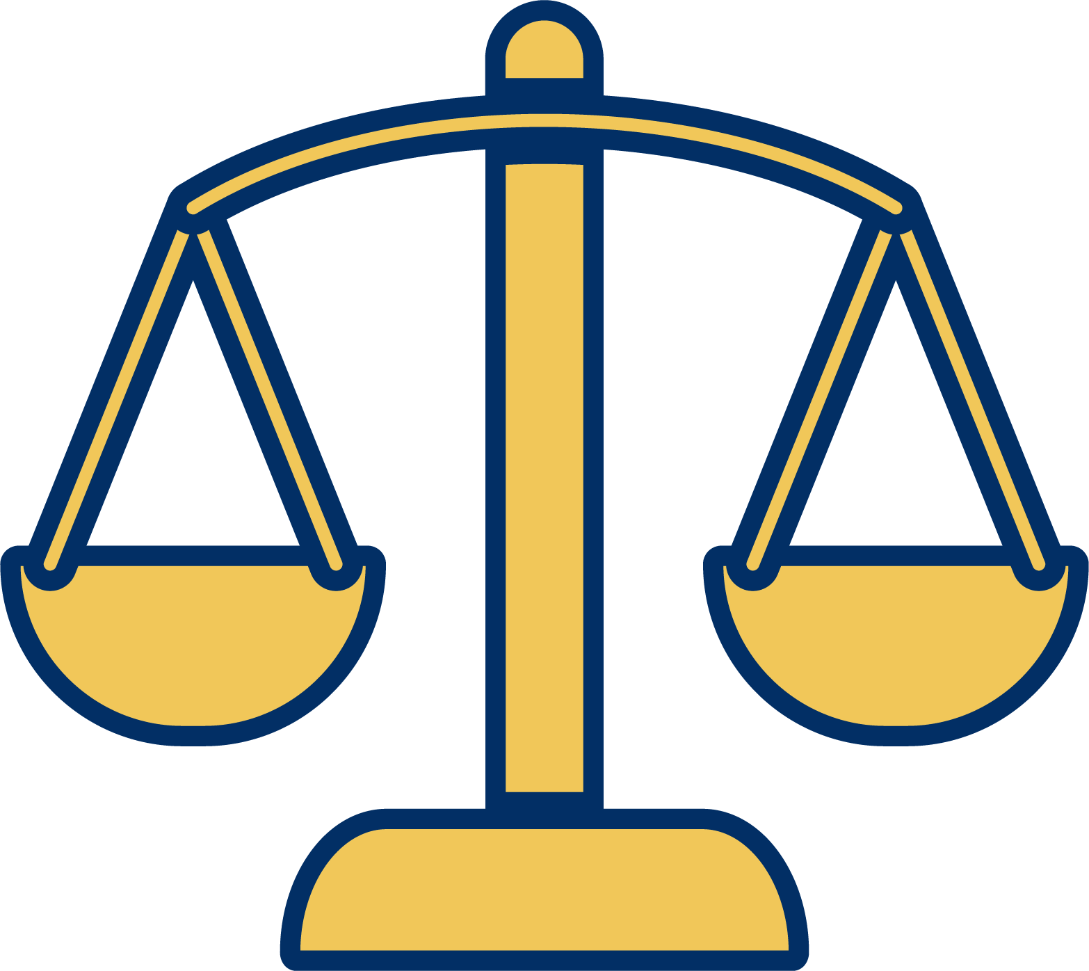 A graphic illustration of a balance scale, with a yellow base, yellow weighing pans, and blue outline and support structure.