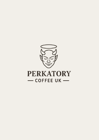 Perkatory Coffee UK logo featuring a smiling devil's face with a halo above, and the text 'PERKATORY COFFEE UK' underneath.