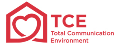 Logo with a heart inside an outlined house, followed by the text 'TCE' and 'Total Communication Environment' in red.