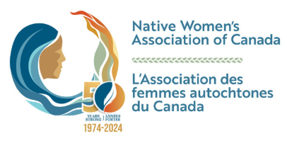 Logo of the Native Women's Association of Canada celebrating 50 years from 1974 to 2024, featuring a stylized profile of a woman's face with flowing hair, a flame, and a circular design.
