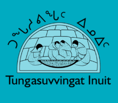 Logo featuring a stylized igloo with three Inuit figures inside, surrounded by Inuit writing, and the words 'Tungasuvingat Inuit' at the bottom.