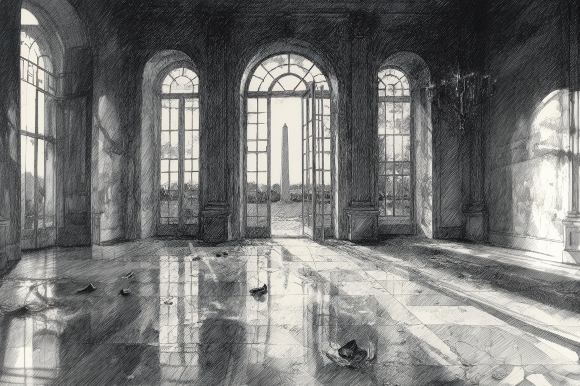 Empty ballroom after a masquerade, masks scattered on the floor, light pouring through high windows, the washington monument in the background.