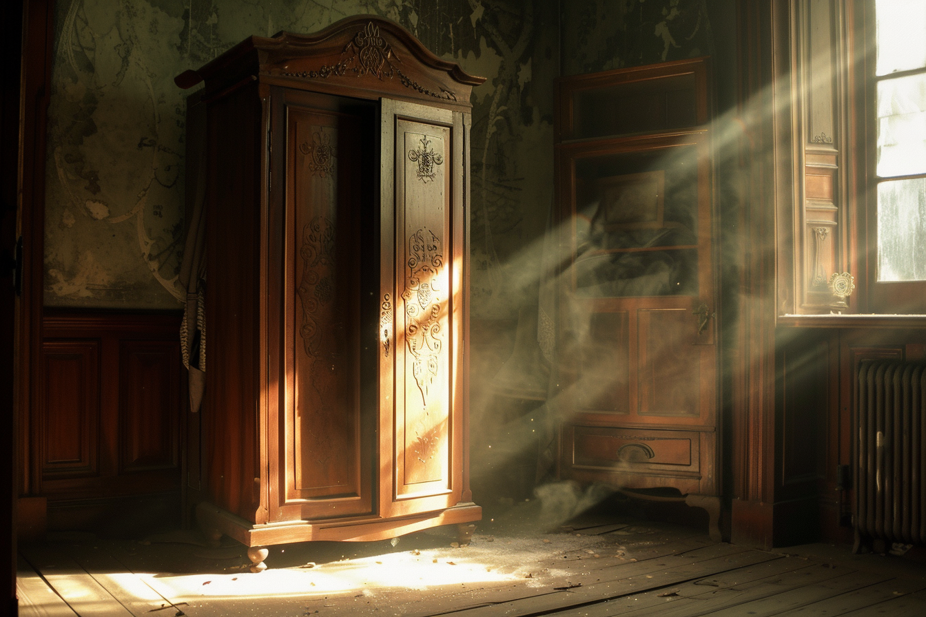 Antique wooden wardrobe slightly open with warm light streaming in, symbolic of C.S. Lewis’s themes of truth, courage, and moral transformation.