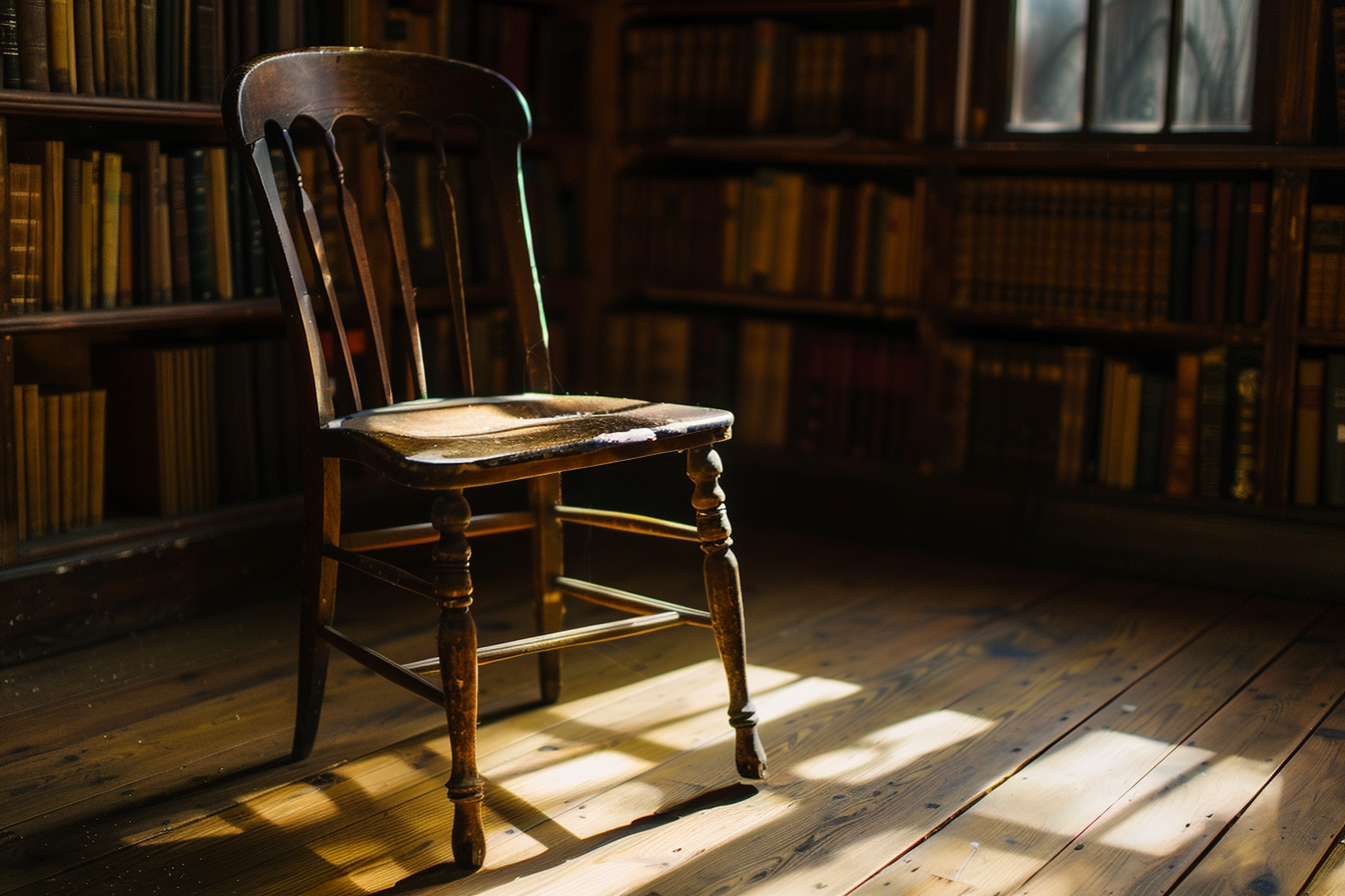 An empty wooden chair in a warm, book-lined study, sunlight across the seat — a symbolic image reflecting C.S. Lewis’s ongoing moral questions for modern readers.