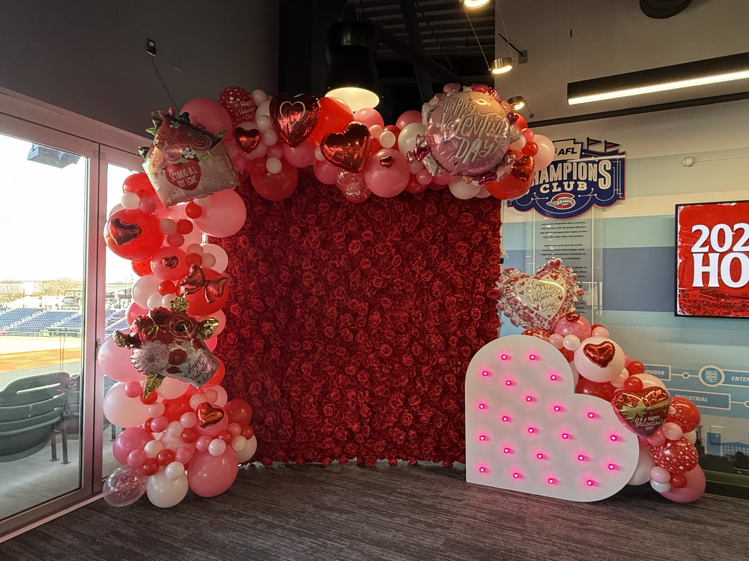 Flower Wall Backdrop - $350 Per Day
(Available in Red, Pink/White mix, Pink/Red mix, White, and Purple)
Balloons and Marquee not included in price