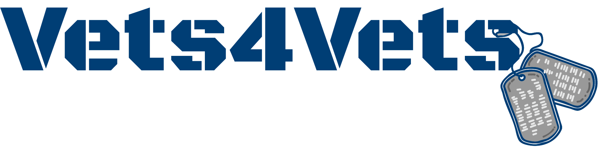 Logo for Vets4Vets featuring the name in bold blue letters, with dog tags hanging from the last letter.