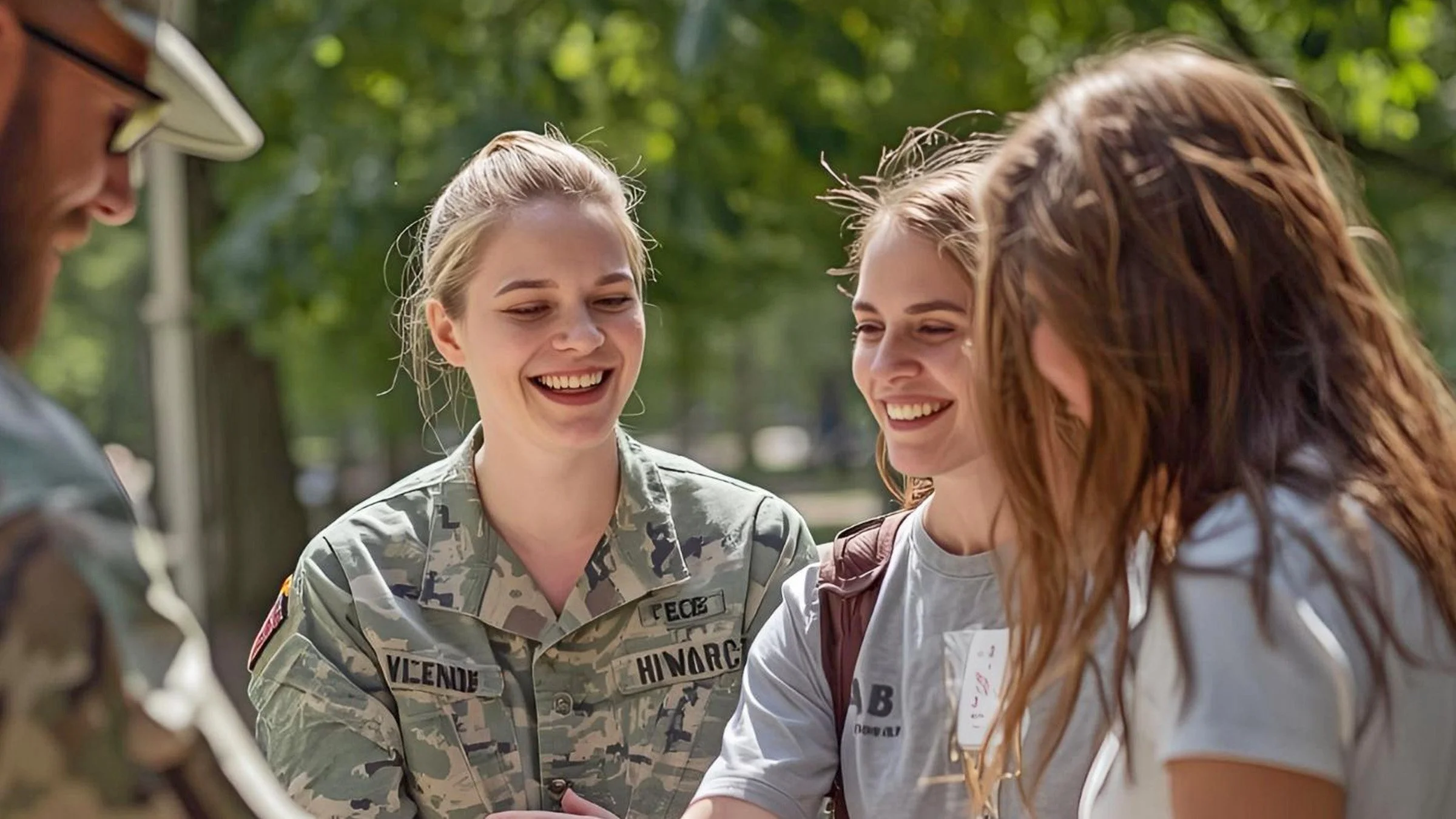 Four women, two in military uniform and two in casual clothing, smiling and interacting outdoors in a park with green trees