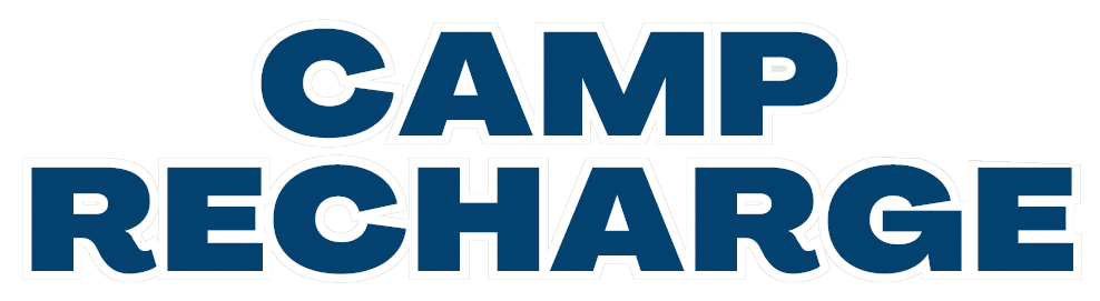 Text that reads 'CAMP RECHARGE' in bold, navy blue uppercase letters with white outline.