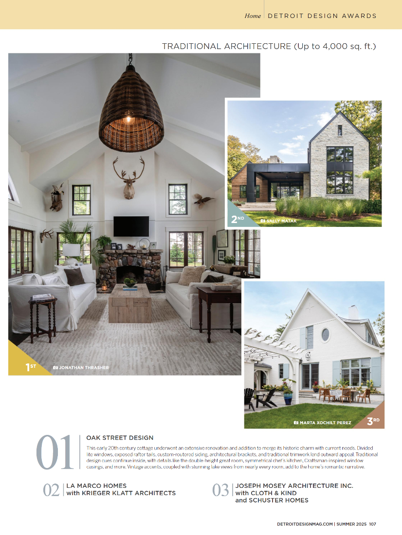 Interior view of a living room with a vaulted ceiling, a hanging woven lampshade, a mounted deer head, a stone fireplace, and large windows. Outdoors images of modern and traditional house designs with landscaped yards.