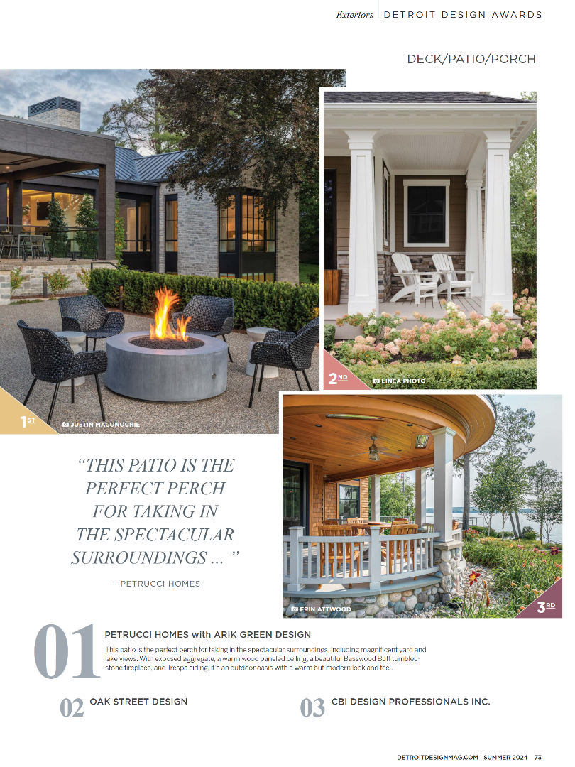 Three different outdoor patios: one with a fire pit and seating, another with a porch with columns and chairs, and a third with a covered porch and outdoor dining, surrounded by lush greenery.