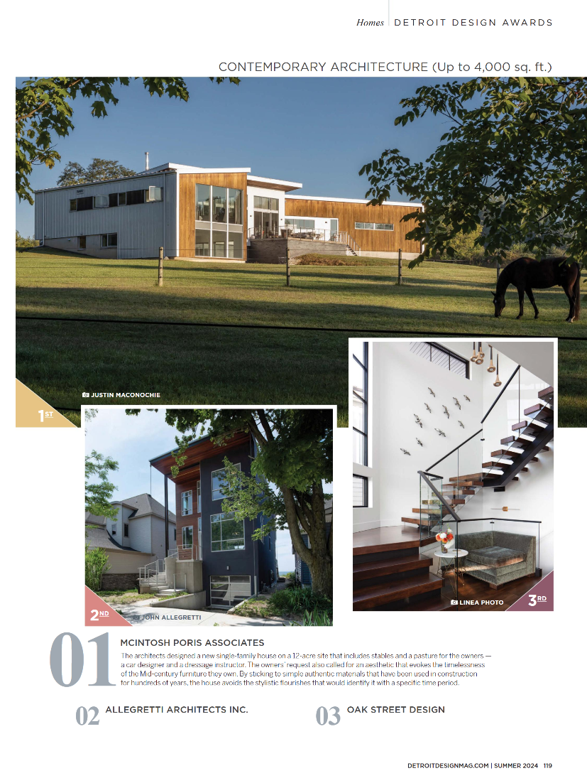 A modern architectural house with a wooden and white exterior, large windows, and a spacious lawn, in a rural setting with a horse grazing, under a clear blue sky.