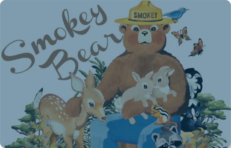Smokey Bear cartoon character with forest animals