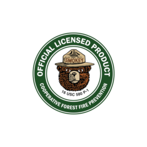 Illustration of a bear wearing a beige conquistador hat with the word 'SMOKEY' on it, set against a circular green background.