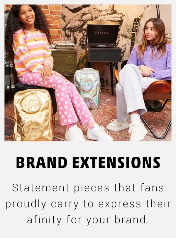 Brand extensions text; 2 girls with gold and silver lego backpacks