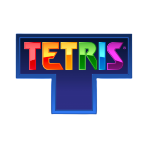 Tetris logo with colorful letters on a blue background.