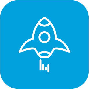 Line drawing of a rocket ship launching, set against a blue rounded square background.
