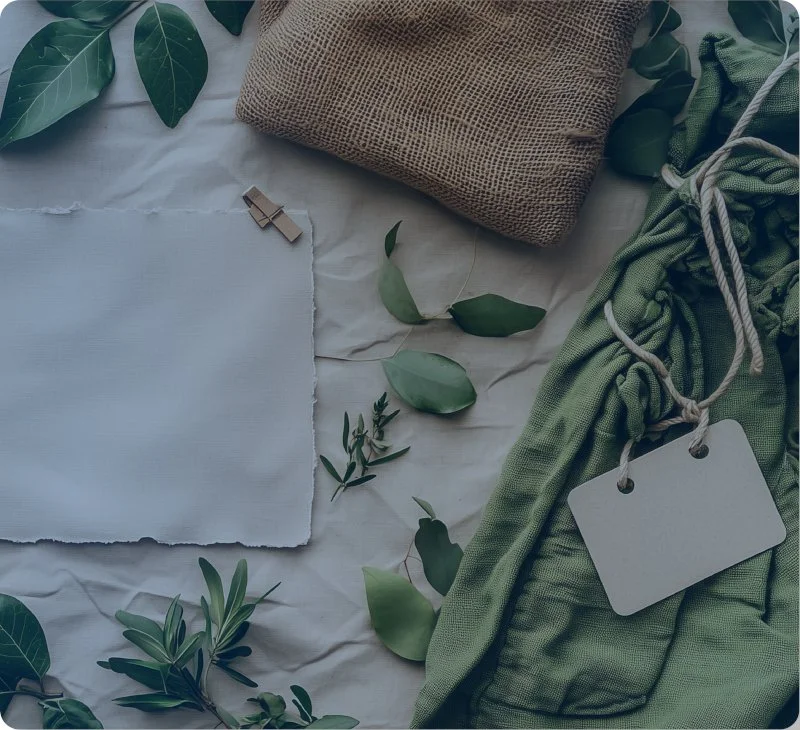 Flat lay of green leaves, a piece of white fabric, a brown textured fabric, and a green drawstring bag with a blank white tag on a white surface.