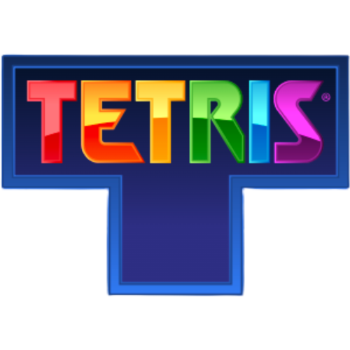 Colorful TETRIS logo with rainbow-colored letters on a dark background.