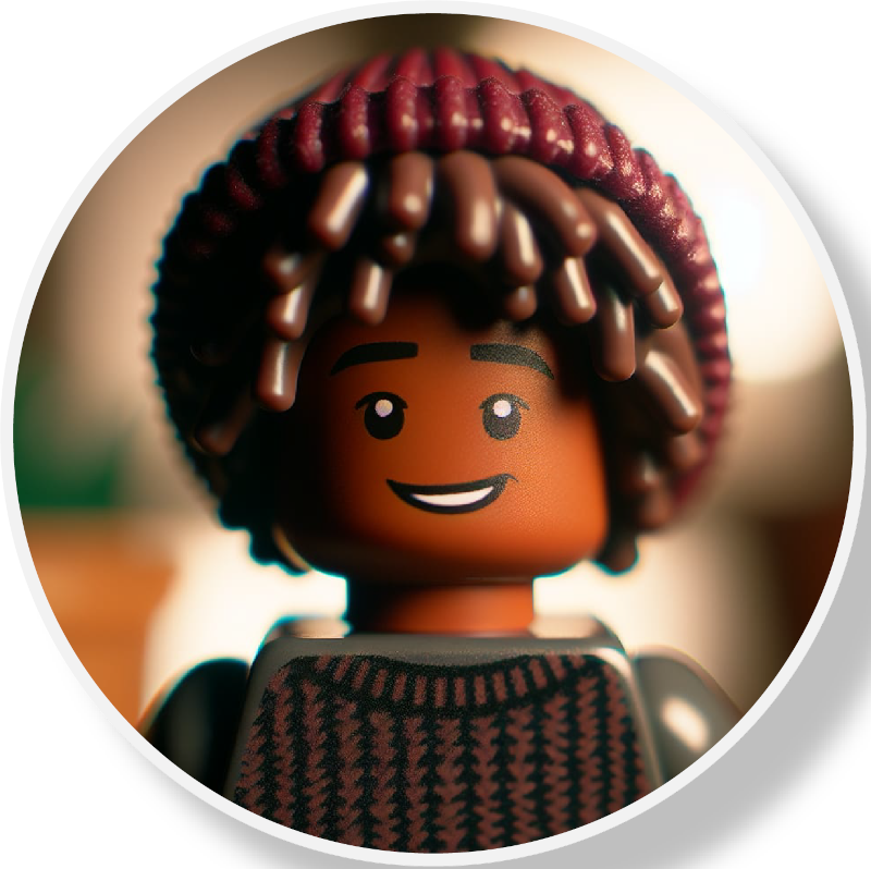 Close-up of a LEGO doll with curly dark hair, wearing a red beanie, smiling, and dressed in a patterned shirt.