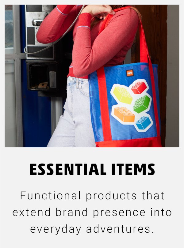 Essential Items text; woman with lego bag tote