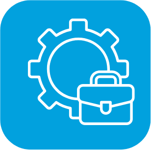 Icon of a gear and a briefcase on a blue background.