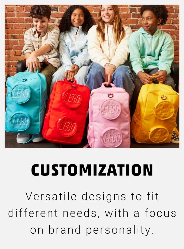 Customization text; 4 kids with various lego backpacks