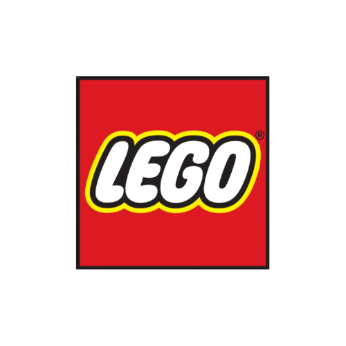 The image shows the LEGO logo with red background and bold white text outlined in black and yellow.