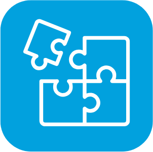 Four white puzzle pieces, with one piece slightly separated, on a blue background.