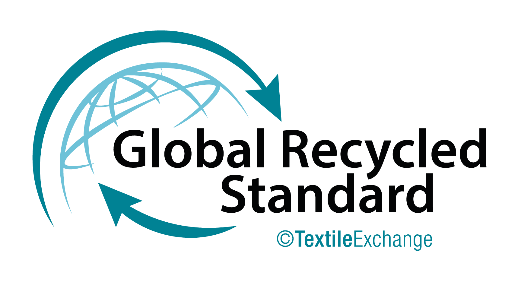 Logo of Global Recycled Standard featuring a globe with arrows circling it, and the text 'Global Recycled Standard' with a ©TextileExchange mark