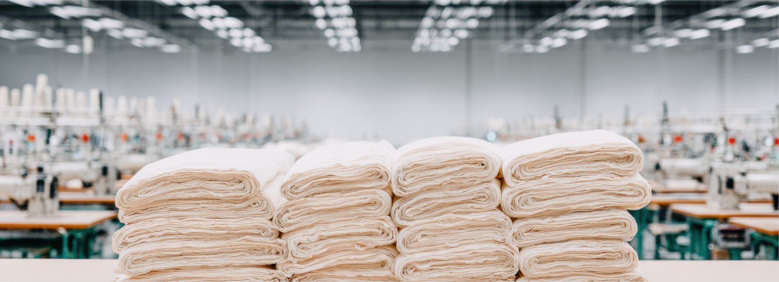 Stack of folded white fabric or paper in a large industrial or manufacturing setting with sewing or cutting machines in the background.