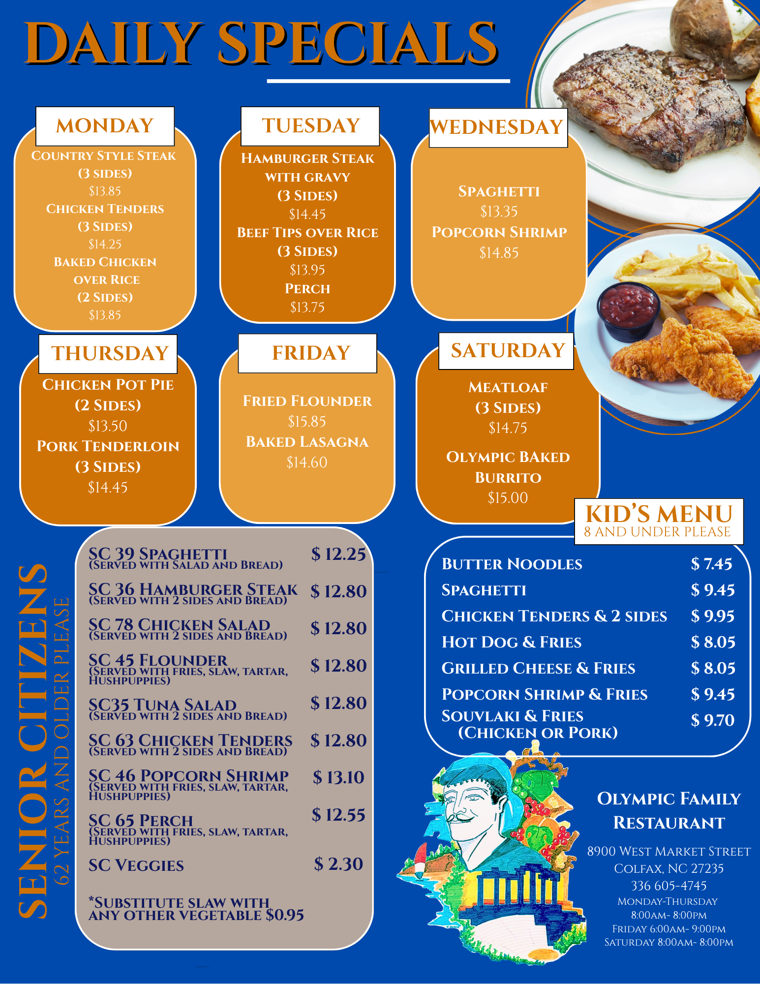 Weekly menu board showing daily specials, a kid's menu, and a side menu at Olympic Family Restaurant. It features images of steak, fries, chicken, and shrimp.
