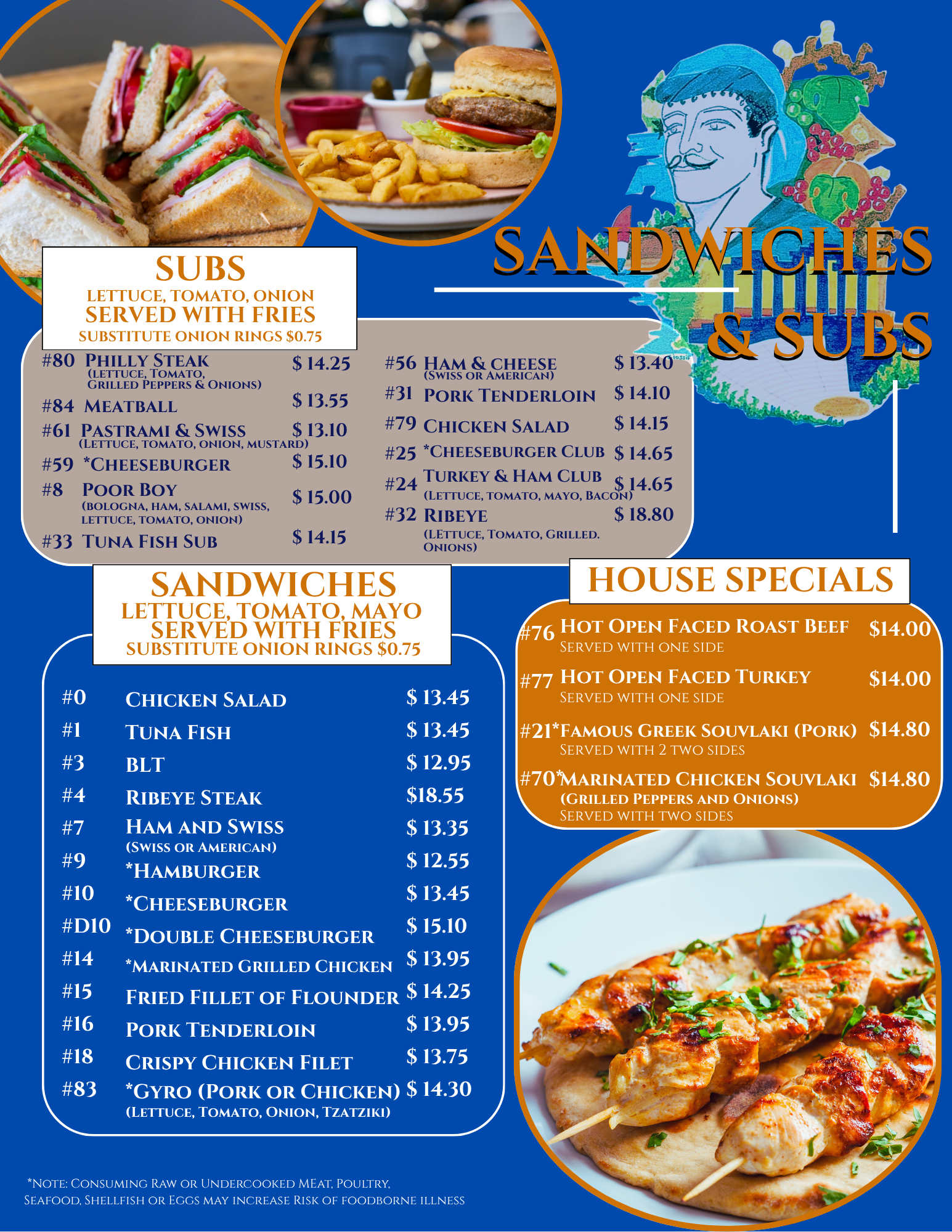 A menu featuring sandwiches, subs, and house specials with images of sandwiches and grilled chicken on skewers.