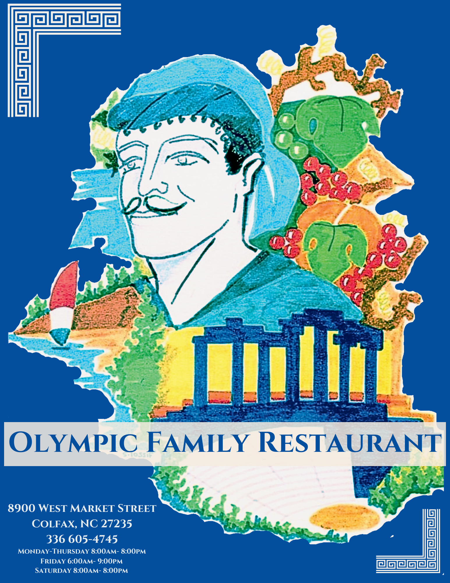 Colorful illustration of a smiling man with a mustache wearing a hat, surrounded by farm imagery and grapes, with outlined Greek columns at the bottom, advertising the Olympic Family Restaurant in Colfax, North Carolina.