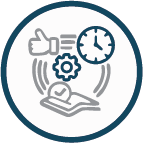 Icons representing productivity, time management, and efficiency, including a thumbs-up, clock, gear, and a checklist.